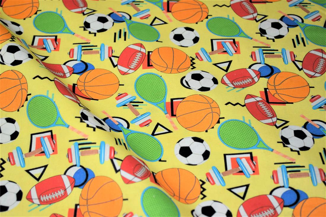 Yellow Colourful Sports Printed Crafty 100% Cotton Fabric