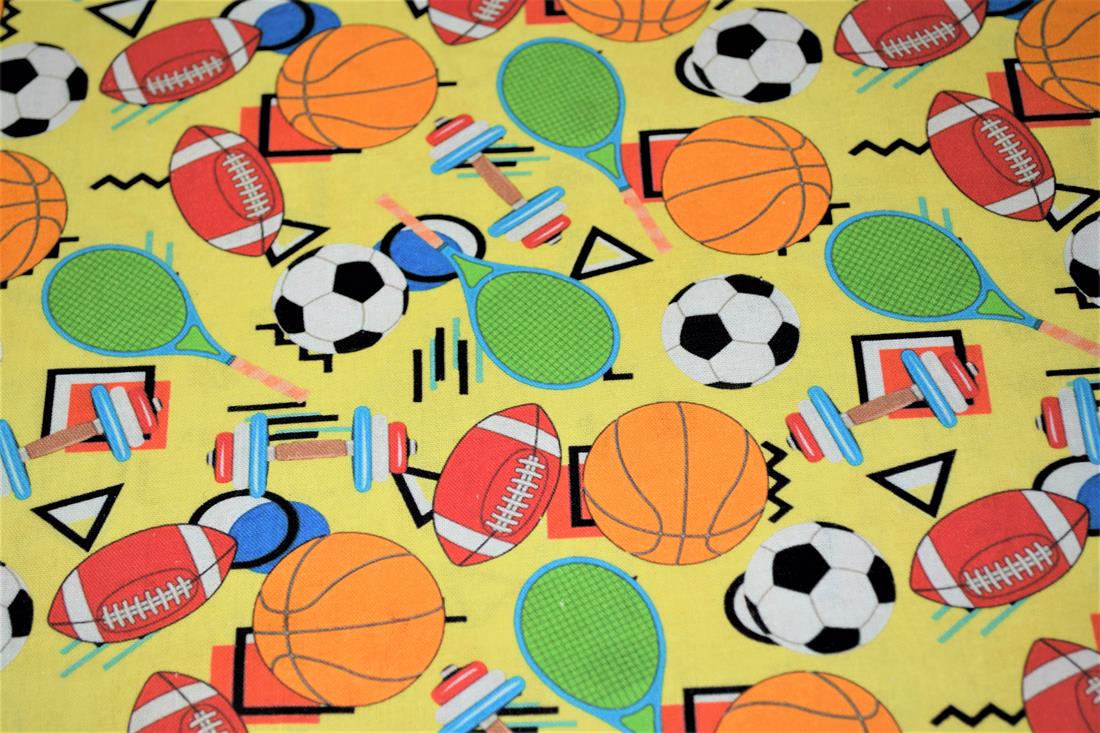 Yellow Colourful Sports Printed Crafty 100% Cotton Fabric