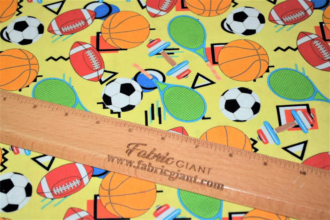Yellow Colourful Sports Printed Crafty 100% Cotton Fabric