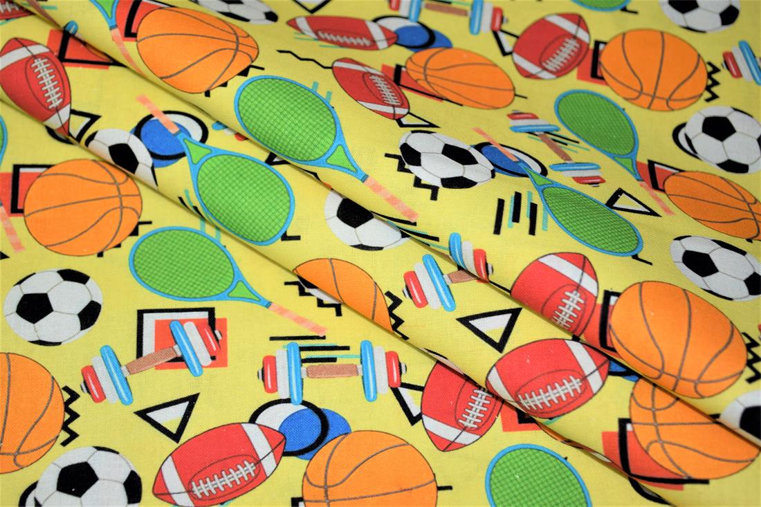 Yellow Colourful Sports Printed Crafty 100% Cotton Fabric