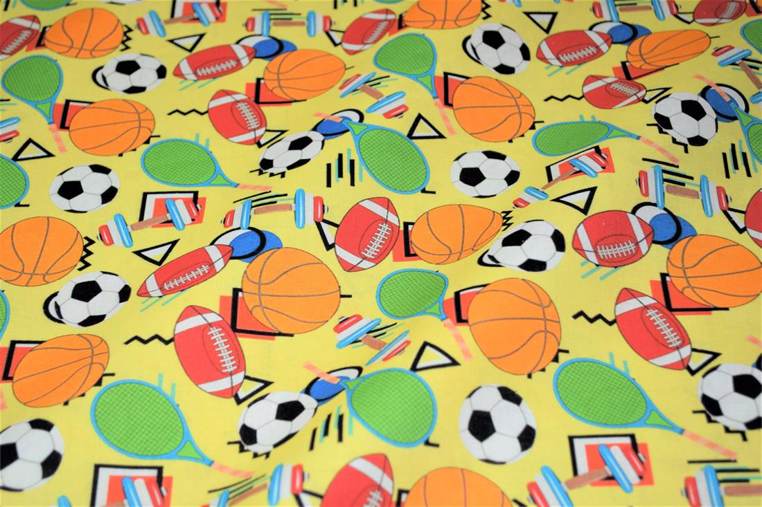 Yellow Colourful Sports Printed Crafty 100% Cotton Fabric