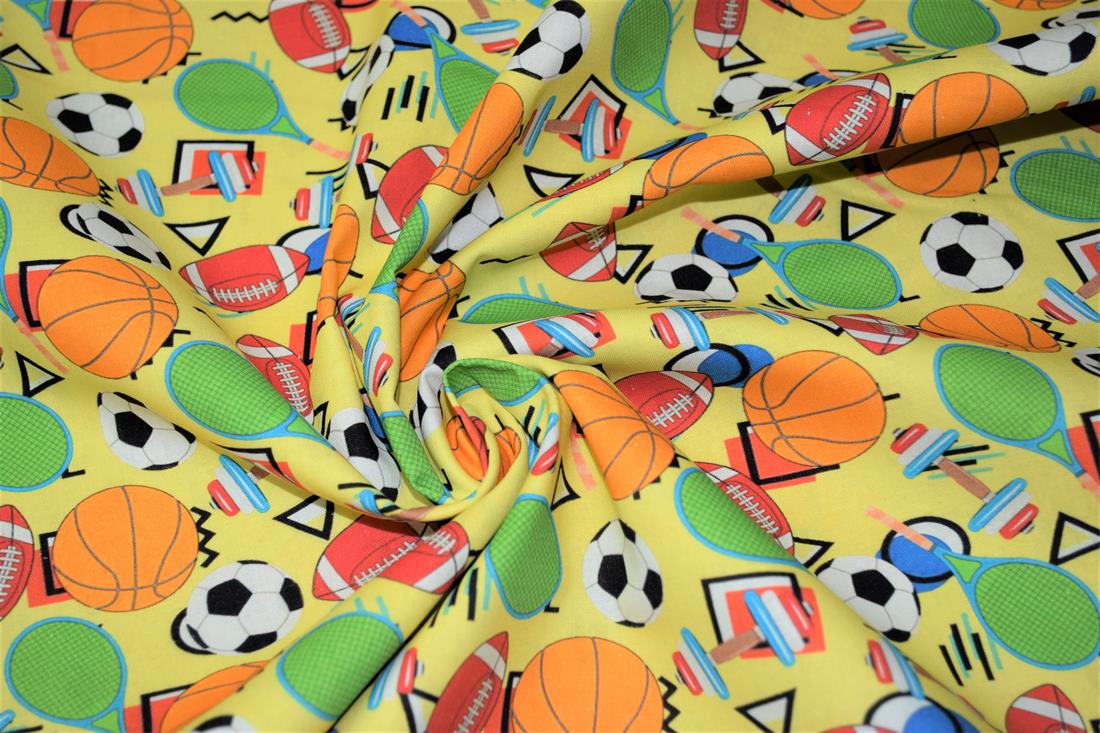 Yellow Colourful Sports Printed Crafty 100% Cotton Fabric