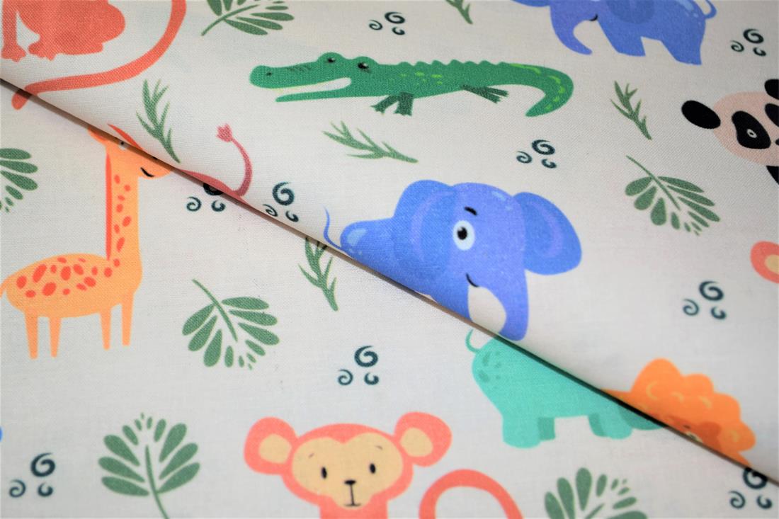 White Wild Baby Animals Printed 100% Cotton Fabric