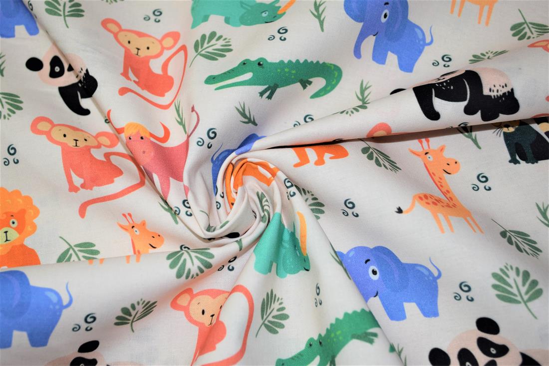 White Wild Baby Animals Printed 100% Cotton Fabric