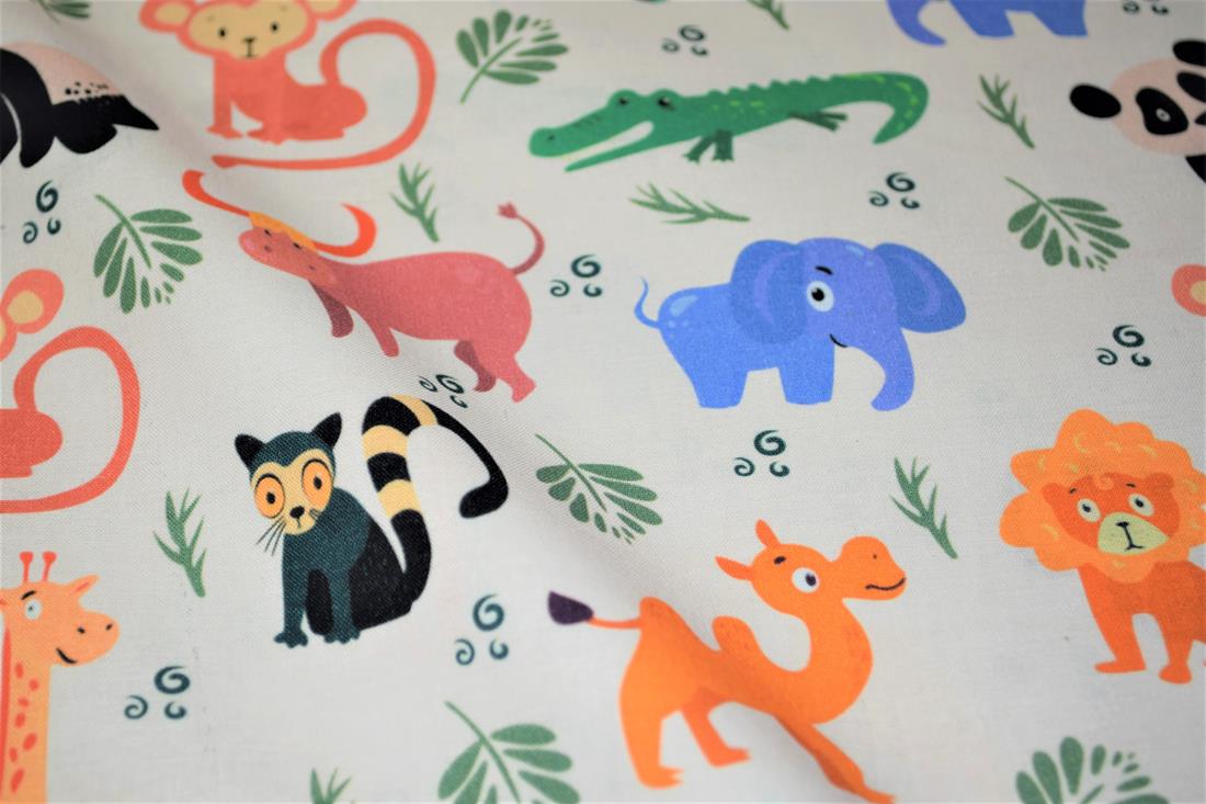 White Wild Baby Animals Printed 100% Cotton Fabric