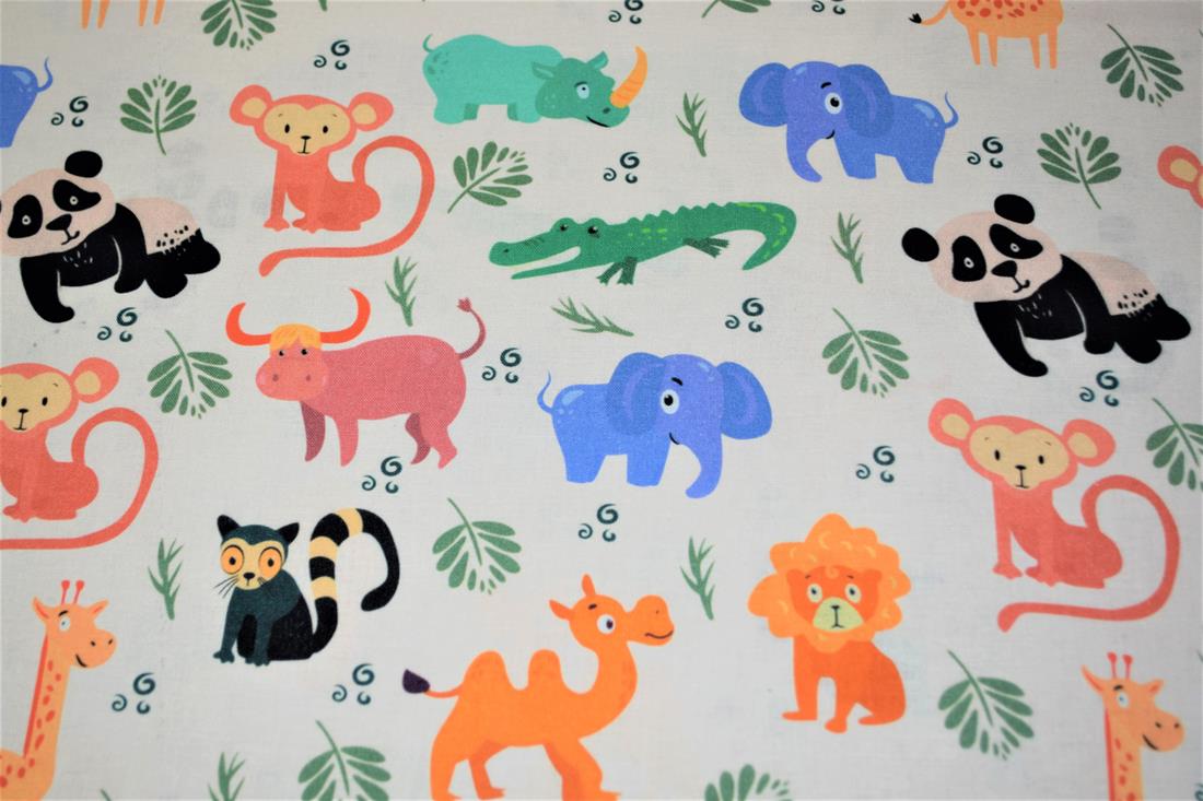 White Wild Baby Animals Printed 100% Cotton Fabric