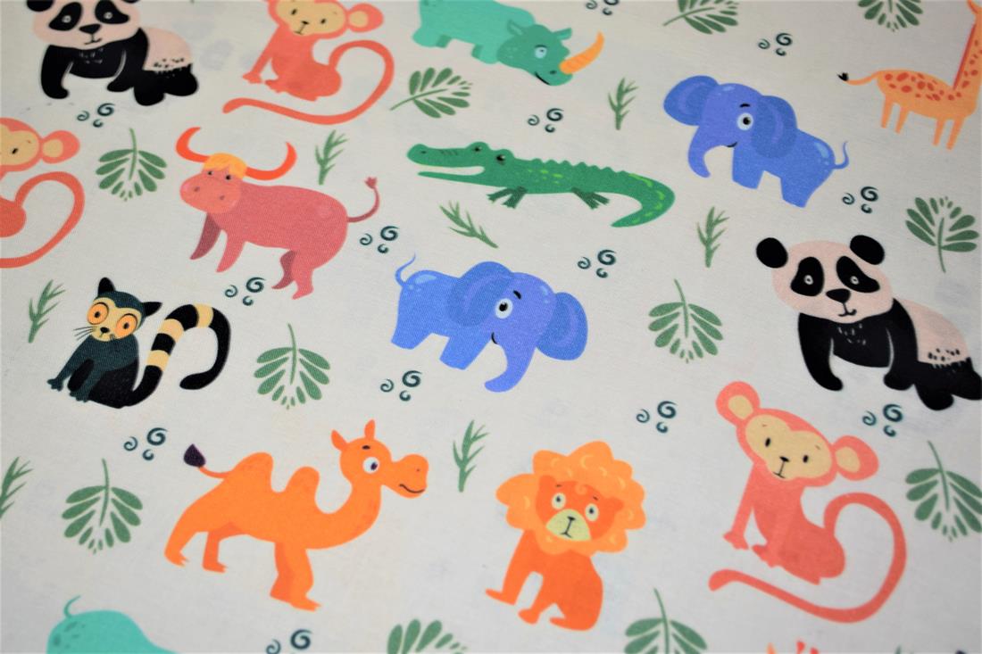 White Wild Baby Animals Printed 100% Cotton Fabric