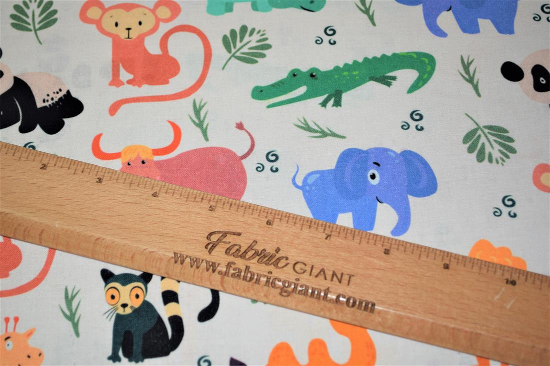White Wild Baby Animals Printed 100% Cotton Fabric