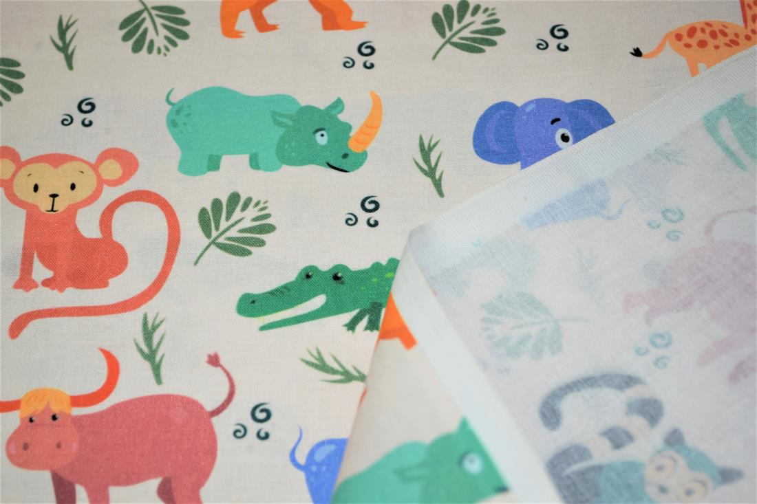 White Wild Baby Animals Printed 100% Cotton Fabric
