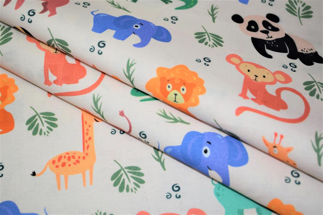 White Wild Baby Animals Printed 100% Cotton Fabric
