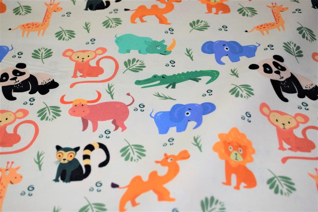 White Wild Baby Animals Printed 100% Cotton Fabric