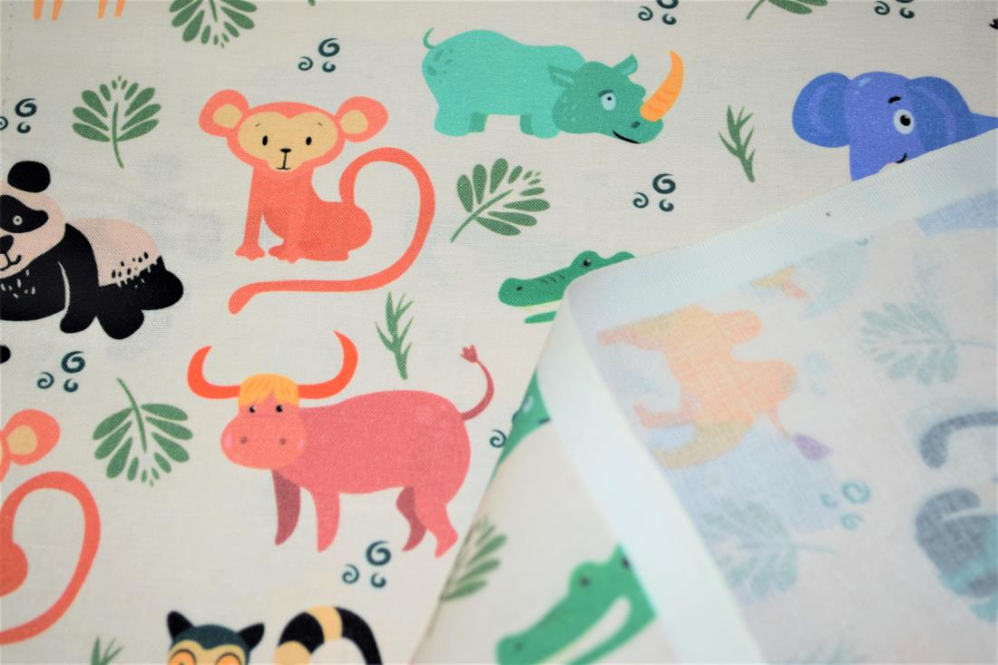 White Wild Baby Animals Printed 100% Cotton Fabric