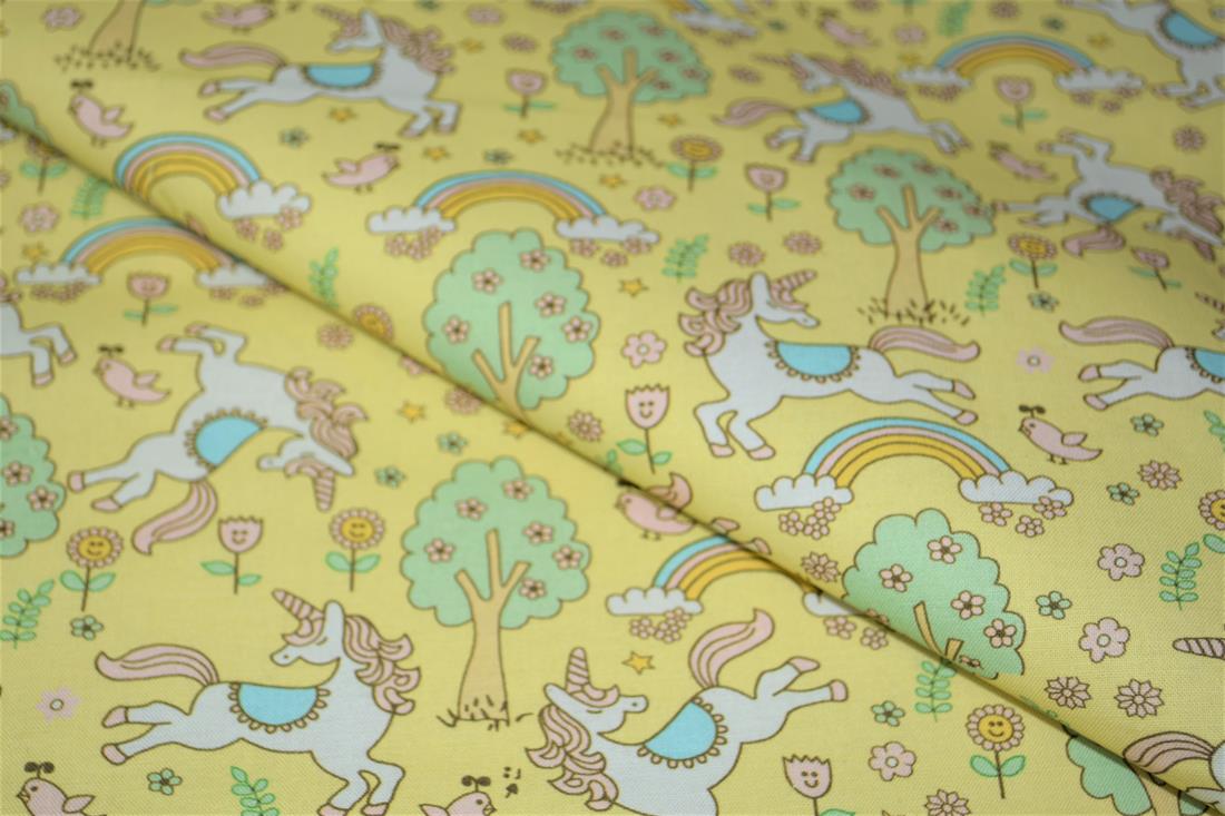 Yellow Rainbows and Unicorns Printed 100% Cotton Fabric