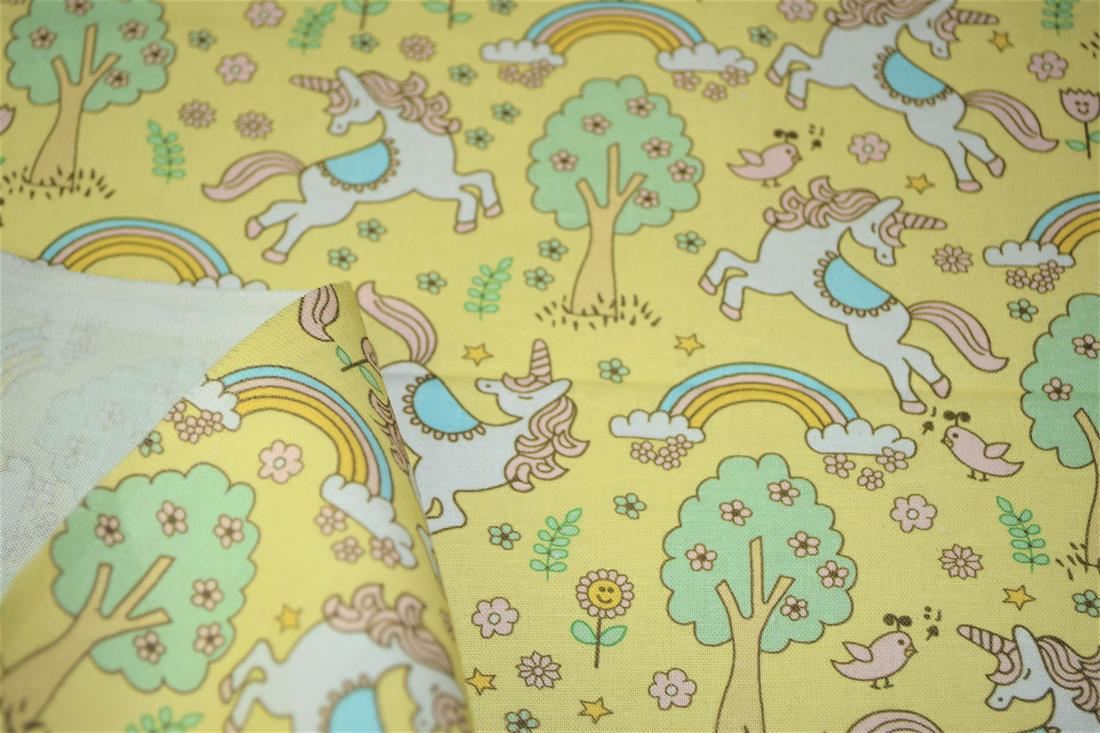 Yellow Rainbows and Unicorns Printed 100% Cotton Fabric