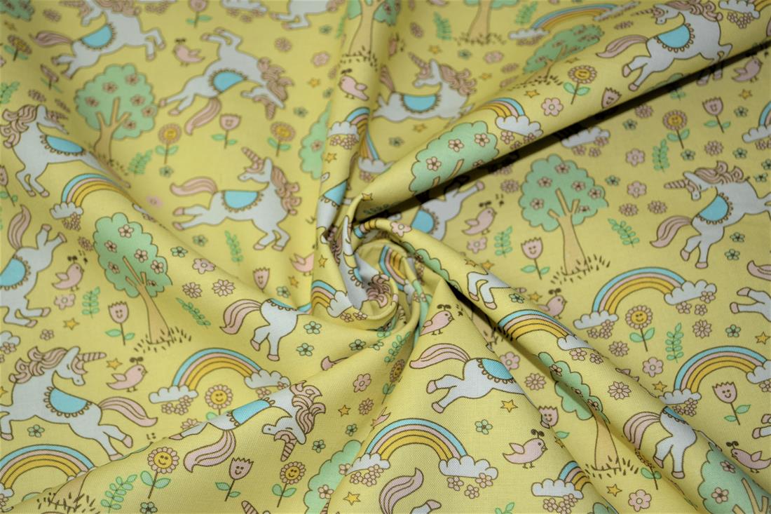 Yellow Rainbows and Unicorns Printed 100% Cotton Fabric