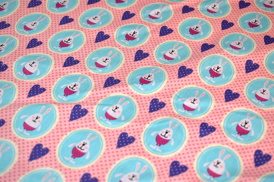 Pink & Blue Bunny Printed 100% Cotton Fabric