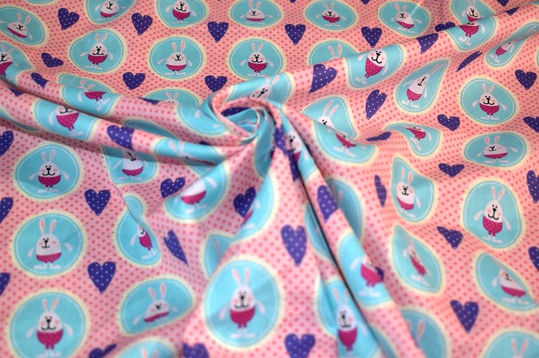 Pink & Blue Bunny Printed 100% Cotton Fabric