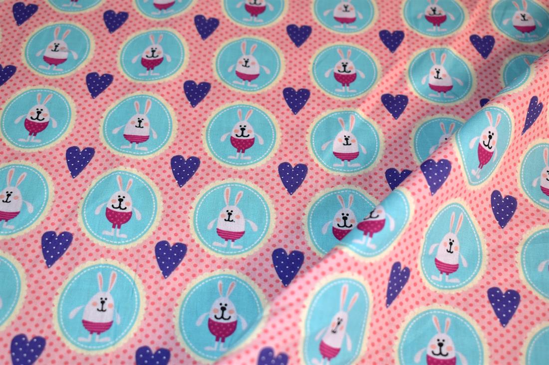 Pink & Blue Bunny Printed 100% Cotton Fabric
