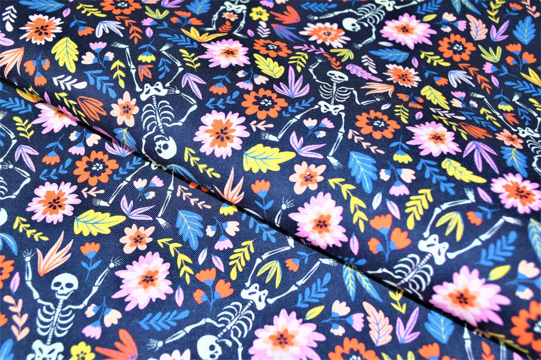 Black Skeletons Skulls Printed 100% Cotton Fabric