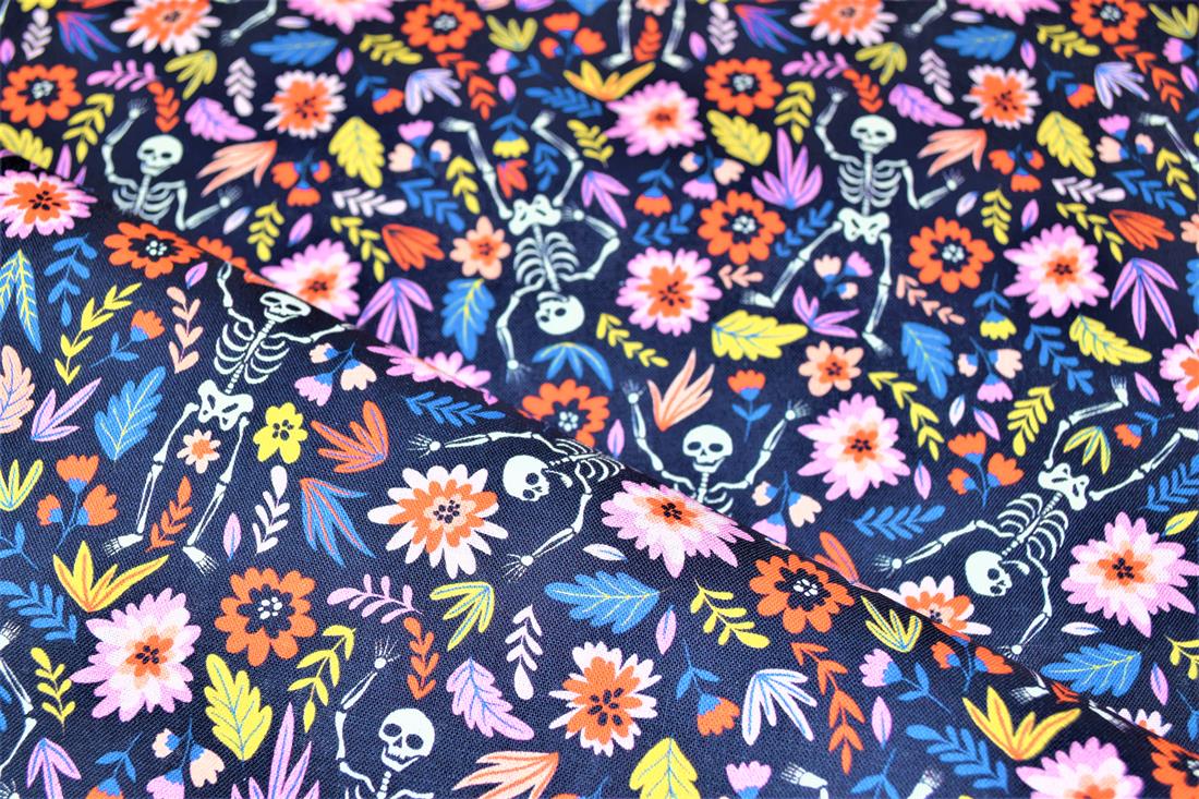 Black Skeletons Skulls Printed 100% Cotton Fabric