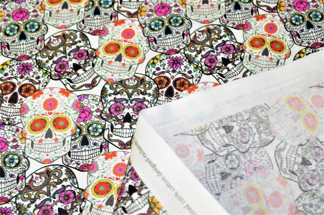 White & Black Skulls Printed 100% Cotton Fabric
