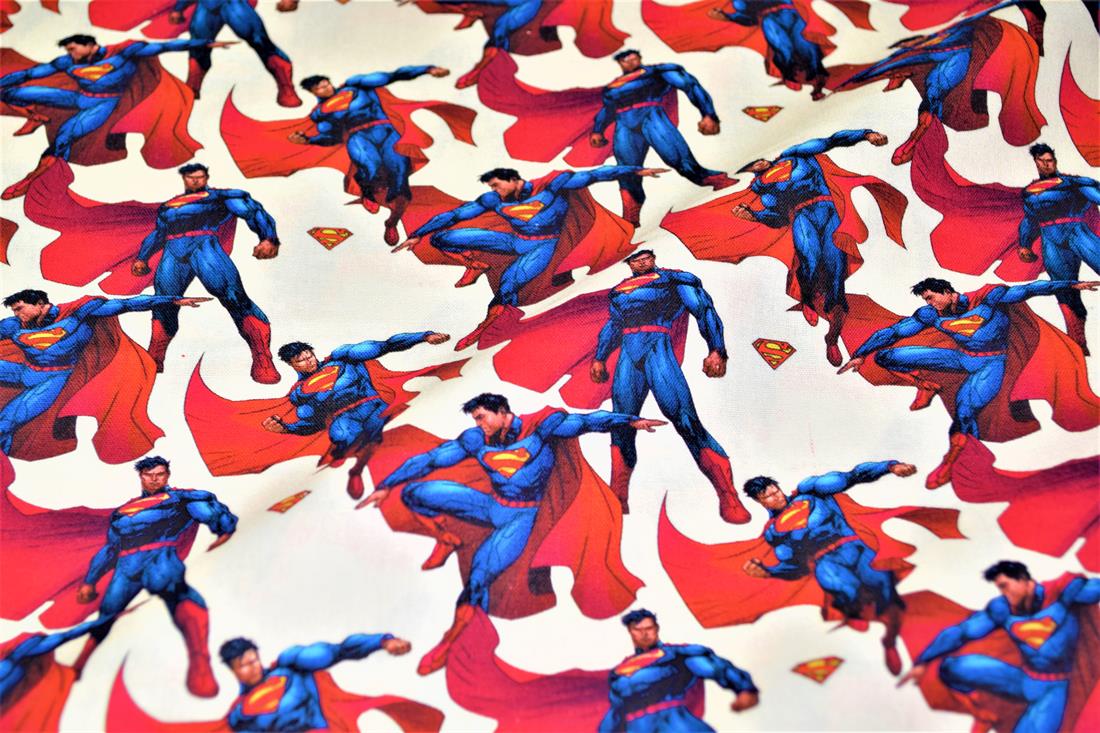 White & Blue Printed 100% Cotton Superman Fabric