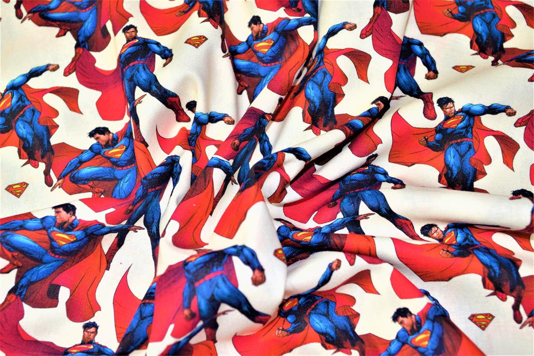 White & Blue Printed 100% Cotton Superman Fabric