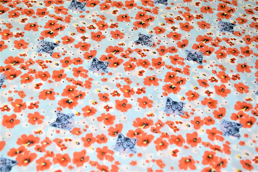Sky Blue Printed Florals 100% Cotton Poplin Fabric