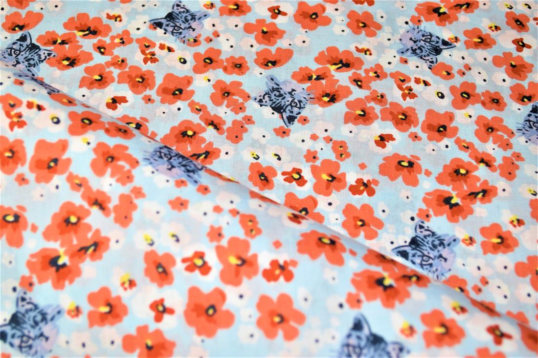 Sky Blue Printed Florals 100% Cotton Poplin Fabric