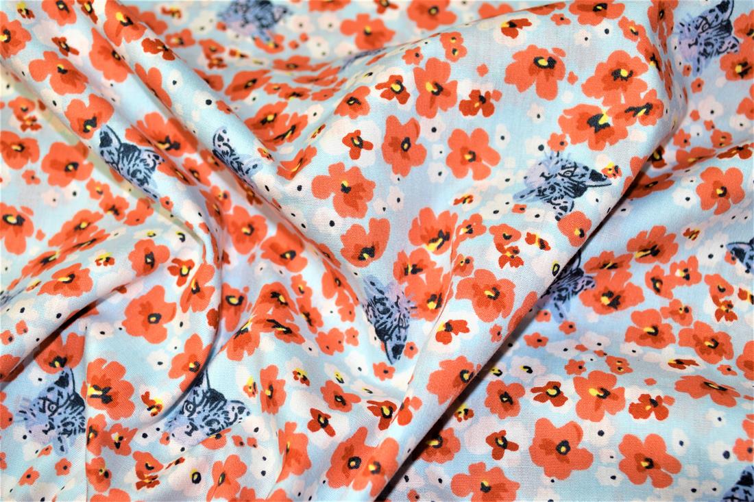 Sky Blue Printed Florals 100% Cotton Poplin Fabric
