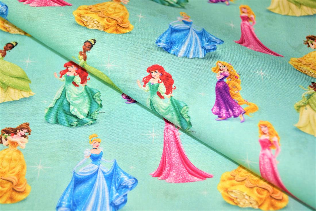 Teal Digital Printed 100% Cotton, Disney Princess' Fabric