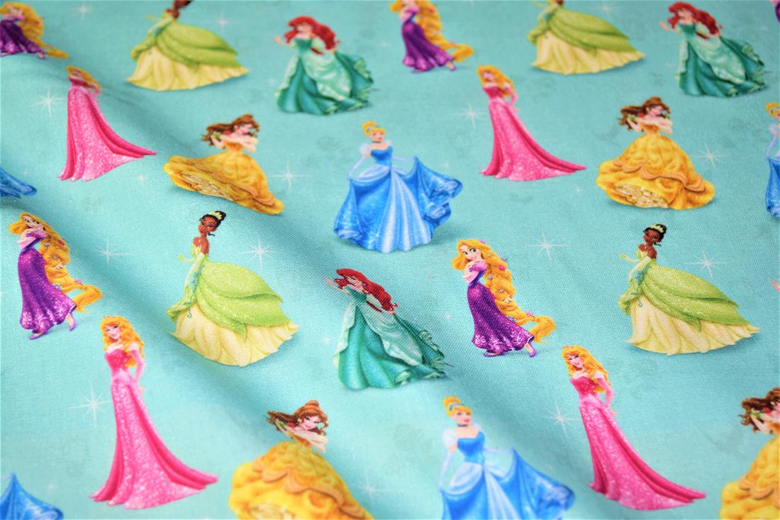 Teal Digital Printed 100% Cotton, Disney Princess' Fabric