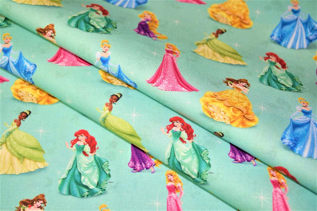 Teal Digital Printed 100% Cotton, Disney Princess' Fabric