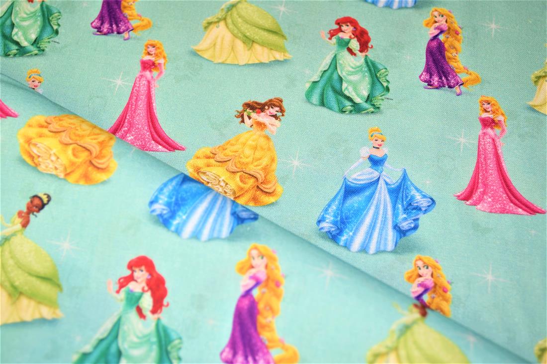 Teal Digital Printed 100% Cotton, Disney Princess' Fabric