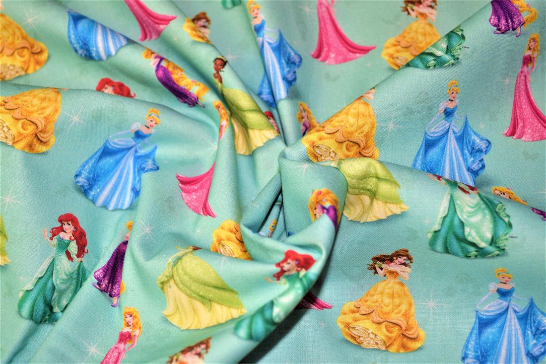 Teal Digital Printed 100% Cotton, Disney Princess' Fabric