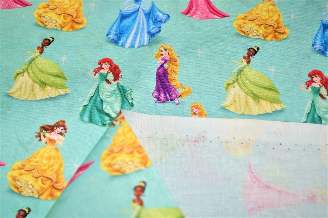 Teal Digital Printed 100% Cotton, Disney Princess' Fabric