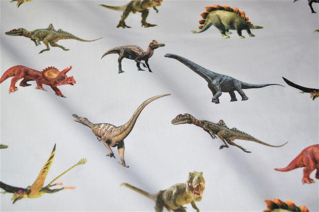 Grey Digital Printed 100% Cotton, Dinosaur Fabric
