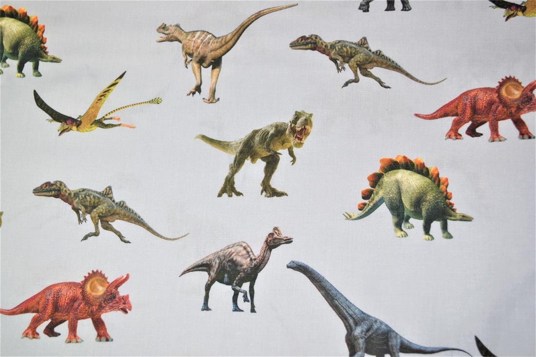 Grey Digital Printed 100% Cotton, Dinosaur Fabric