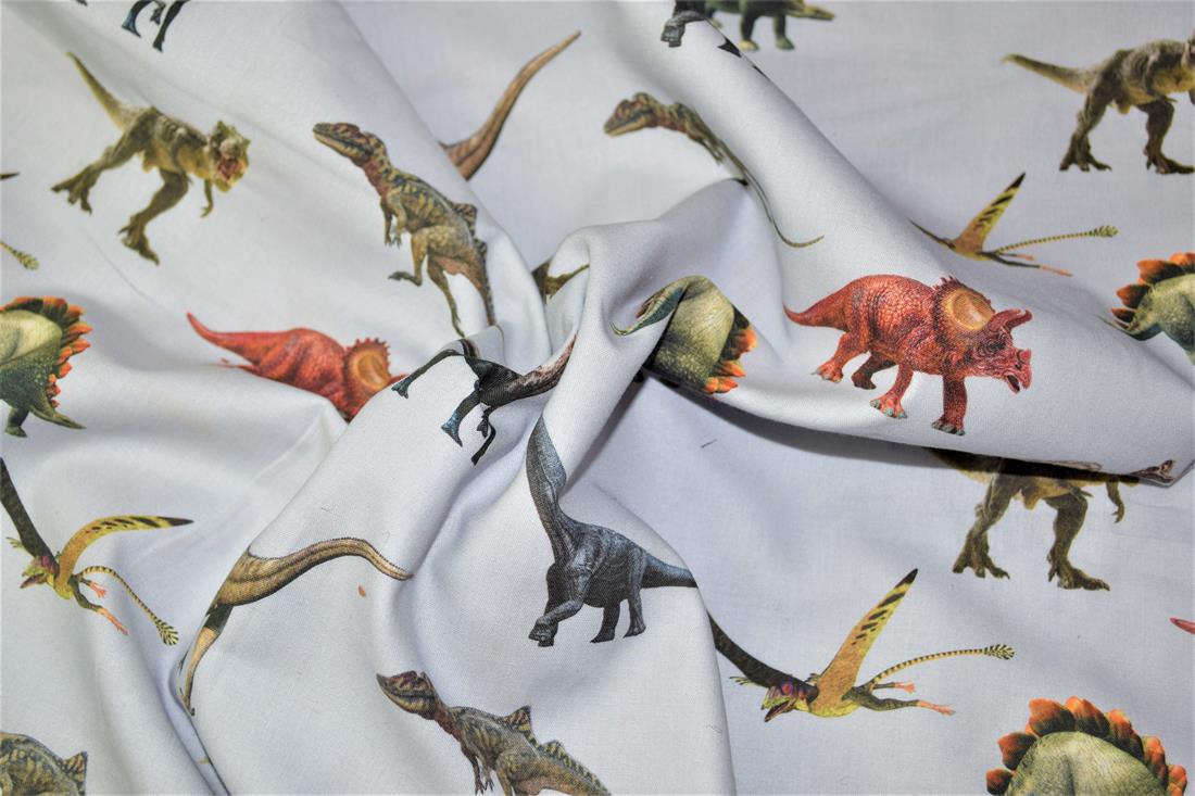 Grey Digital Printed 100% Cotton, Dinosaur Fabric