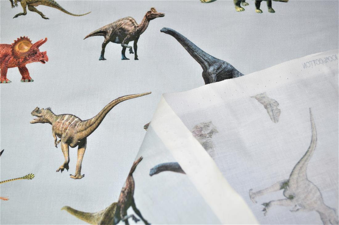 Grey Digital Printed 100% Cotton, Dinosaur Fabric