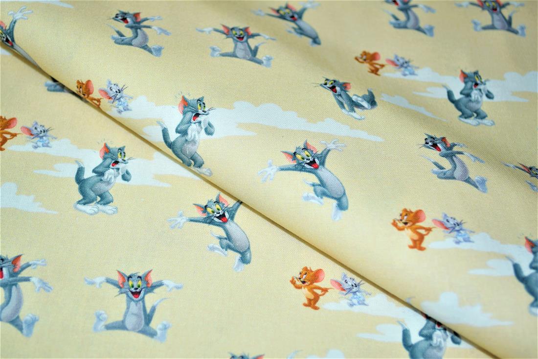 Cream & Yellow Digital Printed 100% Cotton, Tom and Jerry Fabric
