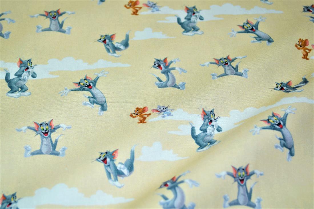 Cream & Yellow Digital Printed 100% Cotton, Tom and Jerry Fabric