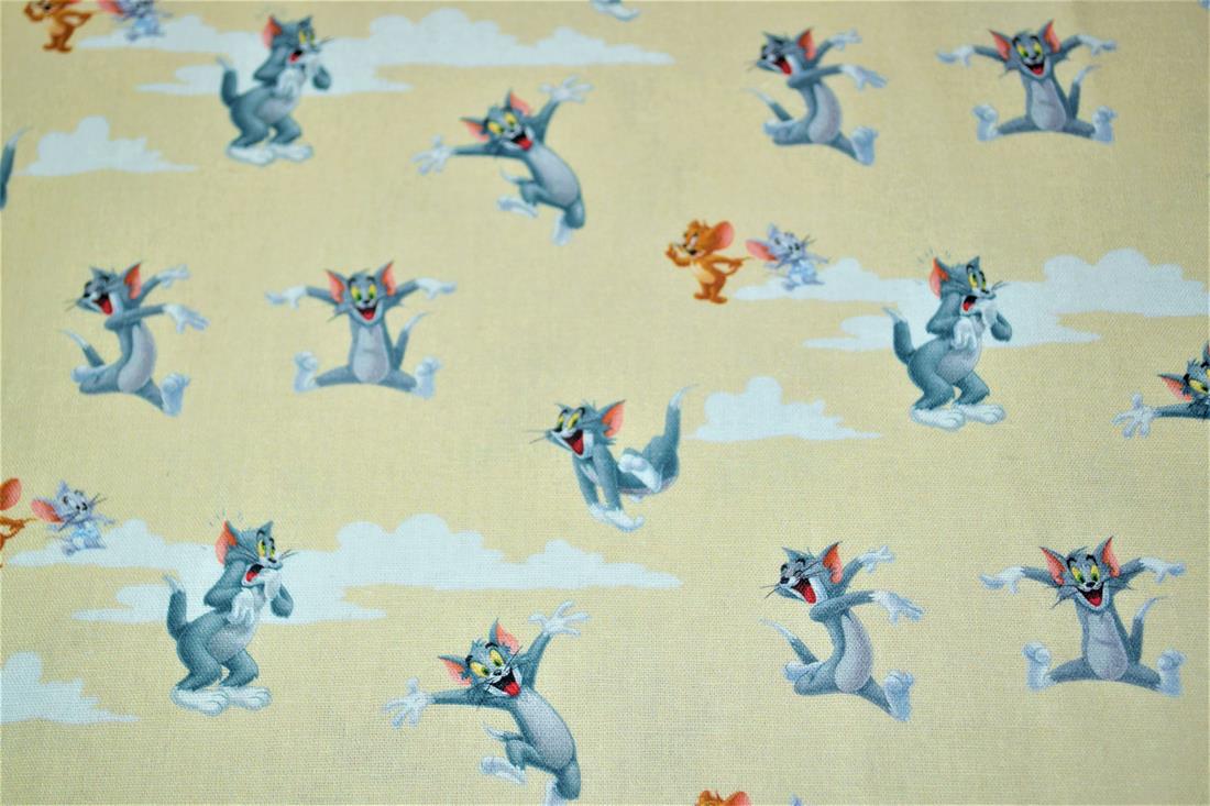 Cream & Yellow Digital Printed 100% Cotton, Tom and Jerry Fabric
