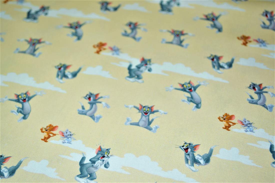 Cream & Yellow Digital Printed 100% Cotton, Tom and Jerry Fabric