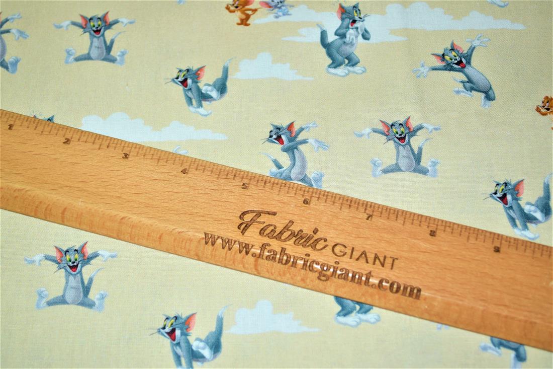 Cream & Yellow Digital Printed 100% Cotton, Tom and Jerry Fabric