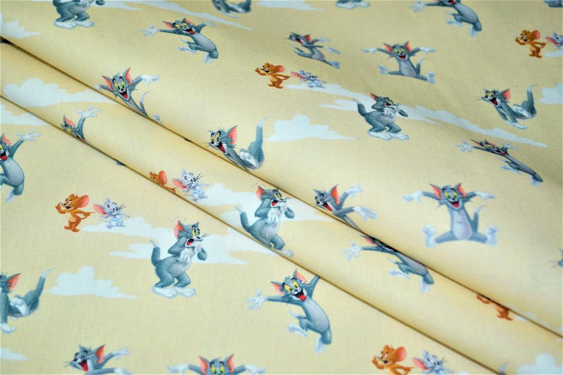 Cream & Yellow Digital Printed 100% Cotton, Tom and Jerry Fabric