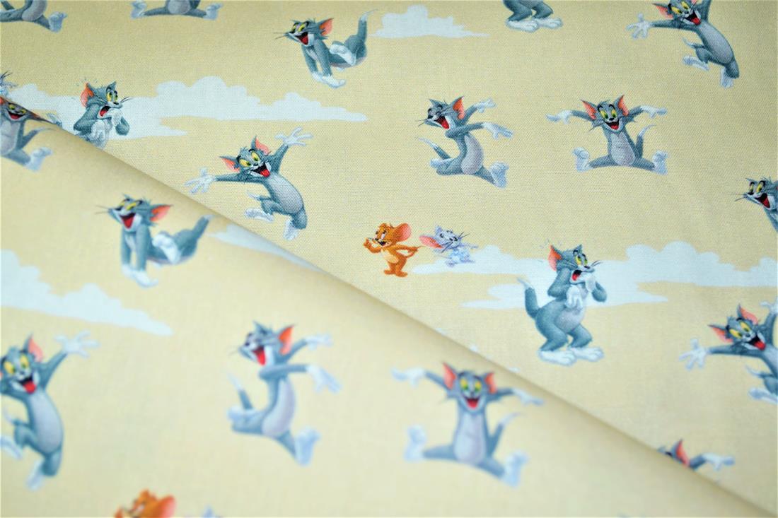Cream & Yellow Digital Printed 100% Cotton, Tom and Jerry Fabric