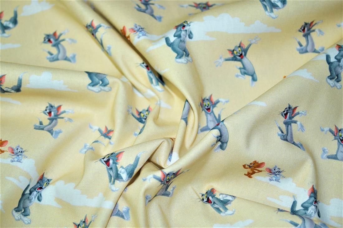 Cream & Yellow Digital Printed 100% Cotton, Tom and Jerry Fabric