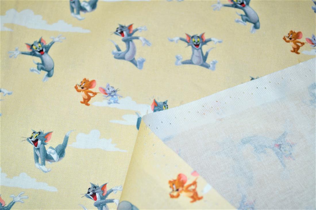 Cream & Yellow Digital Printed 100% Cotton, Tom and Jerry Fabric