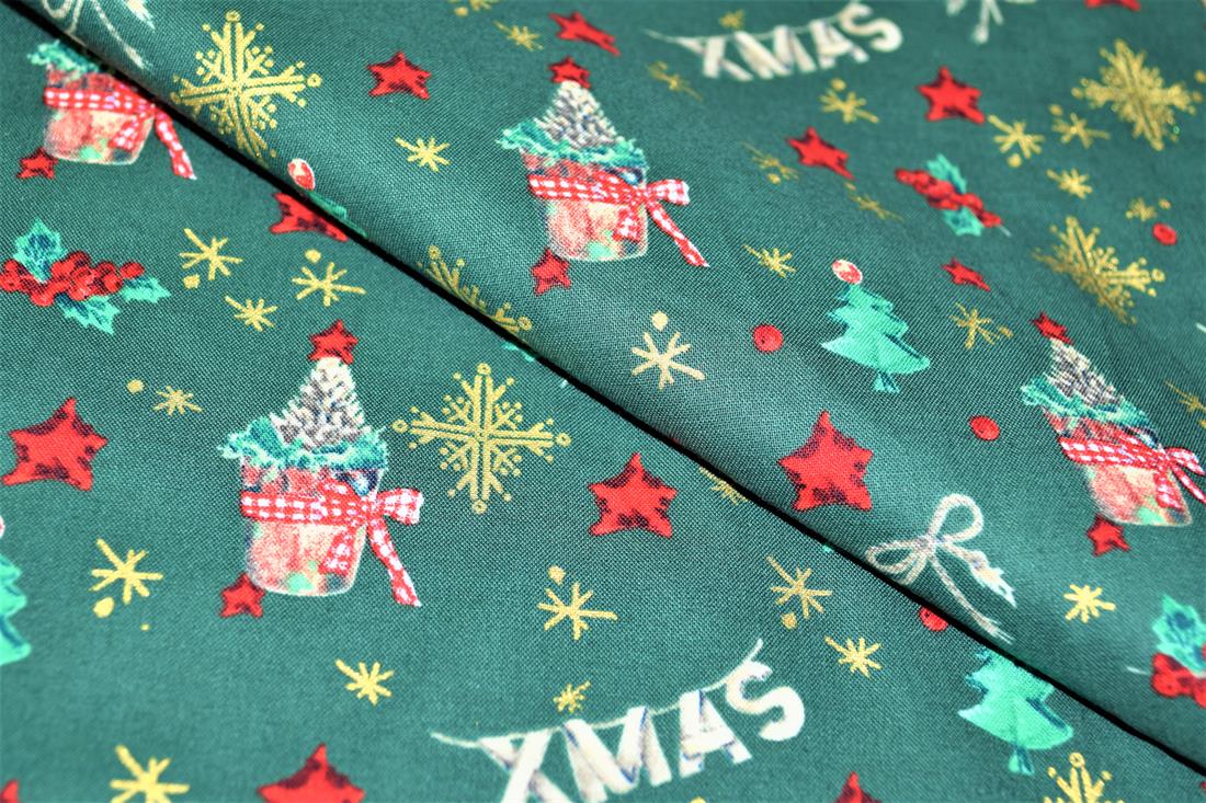 Green Printed Christmas Cotton Fabric
